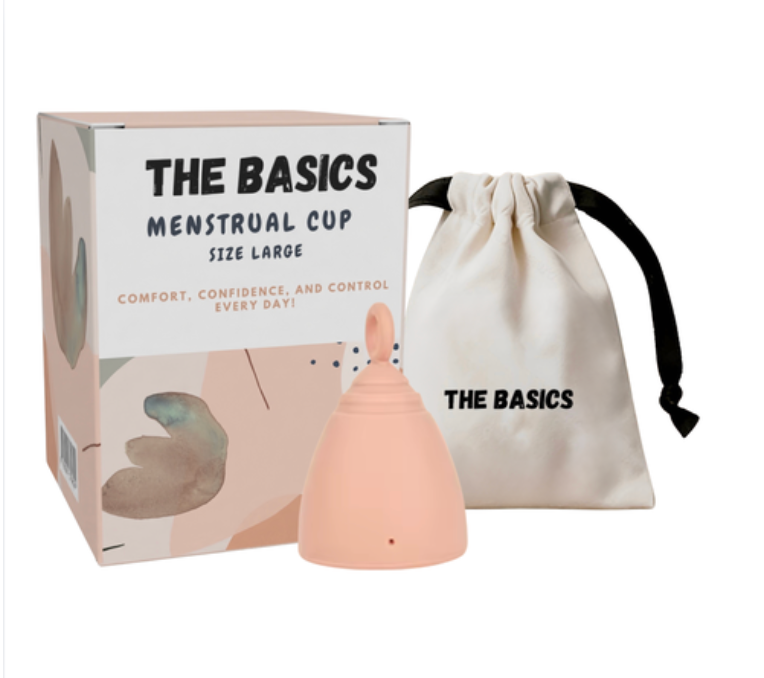 THE BASICS Menstrual Cup Large – Reusable Silicone Period Cup – Tampon Alternative Feminine Hygiene – Heavy Flow Menstrual Cup – Leak-Proof with Cotton Drawstring Storage Bag