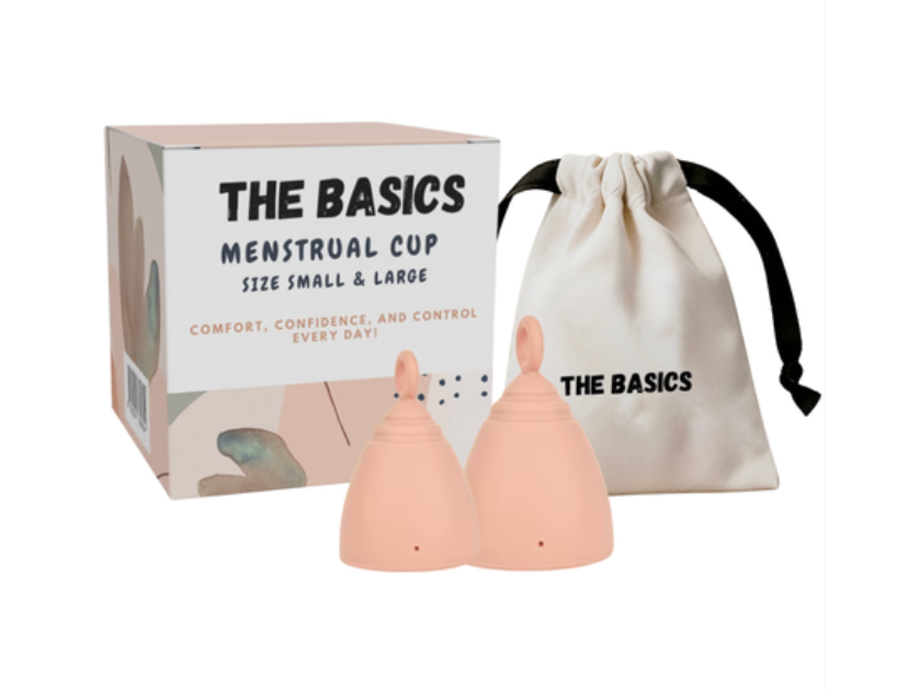 THE BASICS Menstrual Cup Set of 2 – Small & Large Period Cup – Reusable Silicone Menstrual Cups – Tampon Alternative Feminine Hygiene – Heavy & Light Flow with Cotton Storage Bag