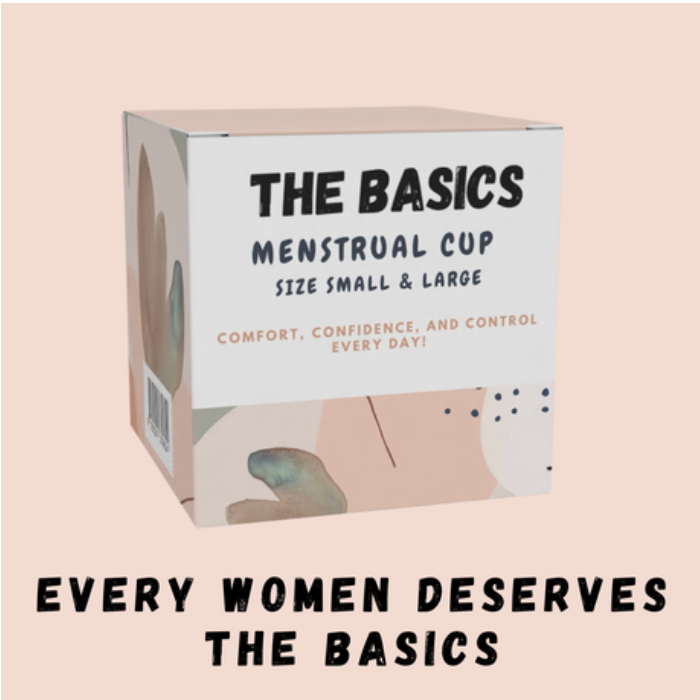 THE BASICS Menstrual Cup Set of 2 – Small & Large Period Cup – Reusable Silicone Menstrual Cups – Tampon Alternative Feminine Hygiene – Heavy & Light Flow with Cotton Storage Bag
