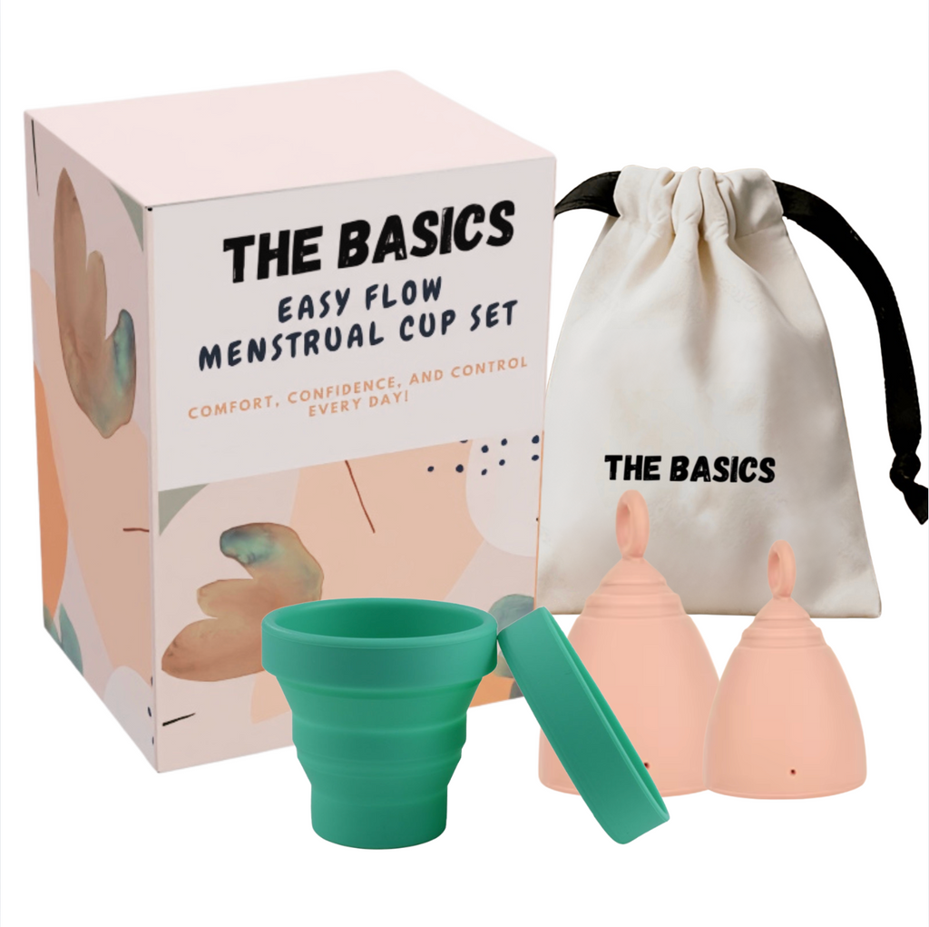 The Basics Menstrual Cup Set – Reusable Silicone Period Cups Small & Large with Collapsible Steriliser Cup & Cotton Storage Bag – Eco Friendly Feminine Care Kit
