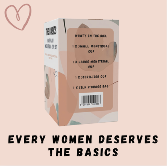The Basics Menstrual Cup Set – Reusable Silicone Period Cups Small & Large with Collapsible Steriliser Cup & Cotton Storage Bag – Eco Friendly Feminine Care Kit