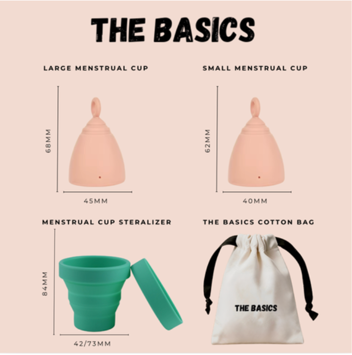 The Basics Menstrual Cup Set – Reusable Silicone Period Cups Small & Large with Collapsible Steriliser Cup & Cotton Storage Bag – Eco Friendly Feminine Care Kit